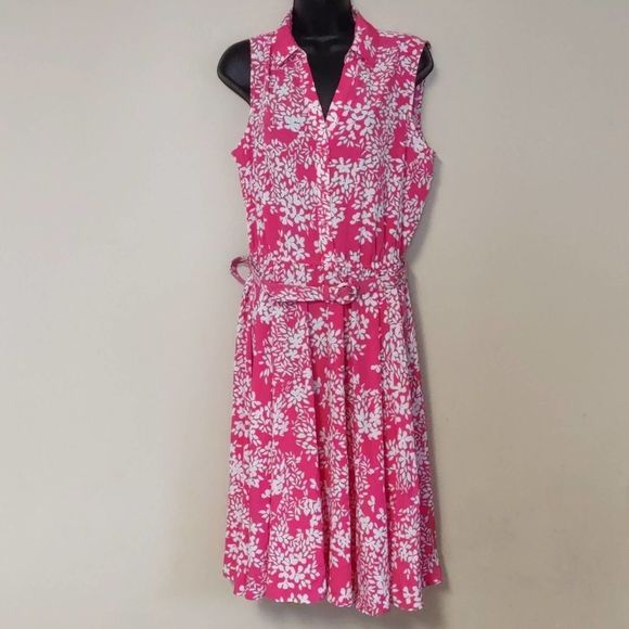 Charter Club Belted Floral Print Shirt Dress Preppy Pink 14 - Picture 2 of 9